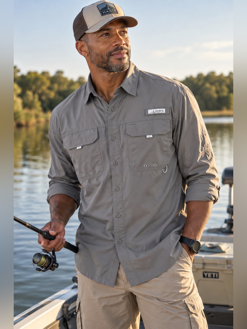 Habit Men’s Large Gray Performance Fishing Shirt UPF 40+ Outdoor Gorpcore